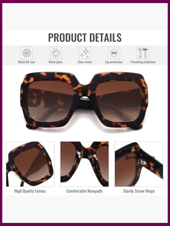 Oversized Square Sunglasses UV400 Protection Lightweight Retro Shades